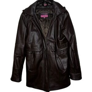 EXCELLED Women's Brown Leather Hooded Jacket Size S Midlength Insulated